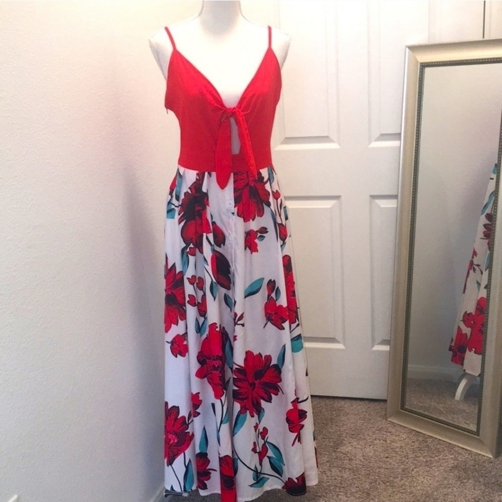 Tie Front V Neck Cami Floral Print Spaghetti Strap Button Down A-Line Ma… - Picture 3 of 12